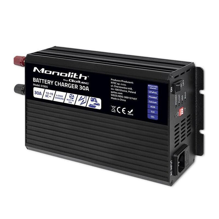 Qoltec 51955 Smart Monolith Charger For Lifepo4 Agm Gel Sla Batteries 30a 12v