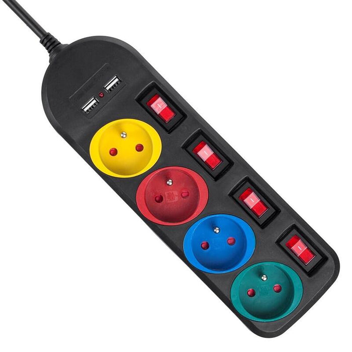 Regleta Maclean, Cable Alargador De 4 Enchufes + 2xusb, Con Interruptores, 250vac/10a, 2,1a 5v, 1,5m, Negro, Mce229 B