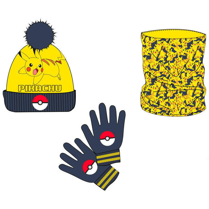 Set Gorro Braga Cuello Y Guantes Pikachu Pokemon