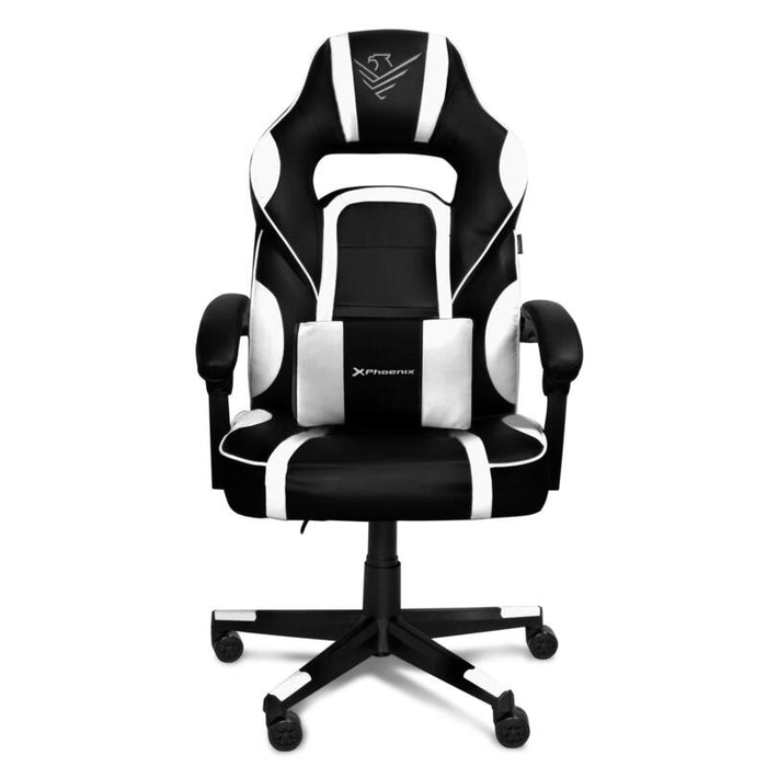 Silla Gaming  Phoenix Trophy Ajustable Altura Y Bloqueo - Reposabrazos Abataibles Antideslizamiento - Cojin Lumbar Ajustable - Respaldo  Adjustable 15 - Giro 360 Ruedas Nylon  - Negro Y Blanco
