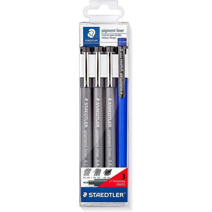 Staedtler Pigment Liner 308 Pack De 3 Rotuladores Calibrados + 1 Portaminas - Secado Rapido - Color Negro