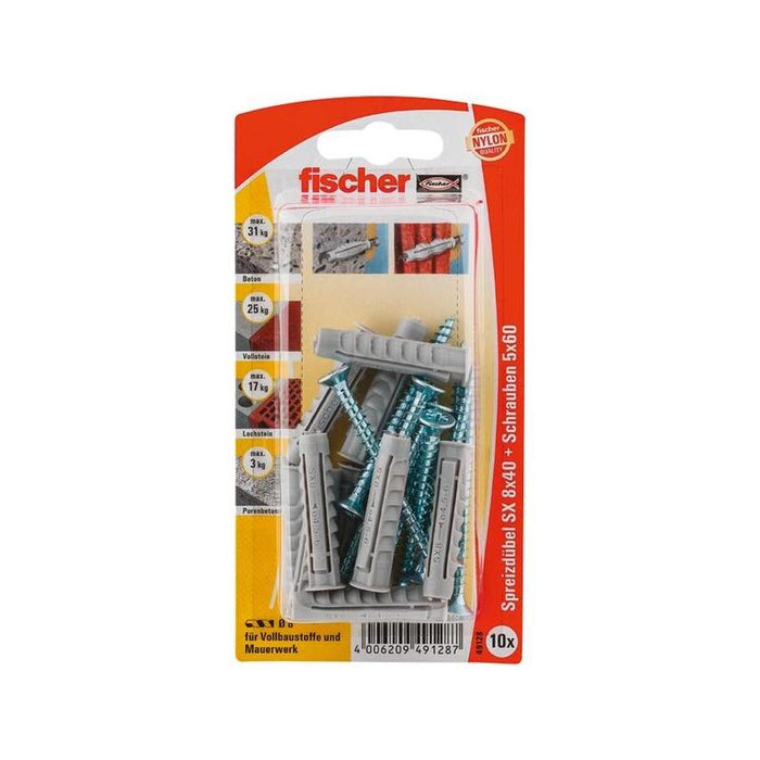 Taco De Expansión Fischer Sx 8x40 Sk Gris Claro, 10 Unidades, Con Tornillo 49128