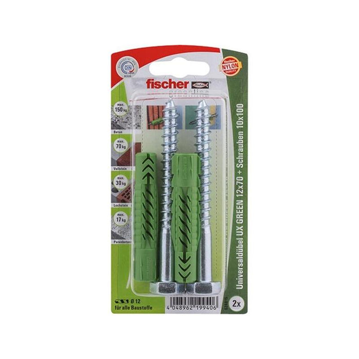 Taco Universal Fischer Ux Green 12x70 Sk Verde, 2 Piezas, Con Tornillo 524815