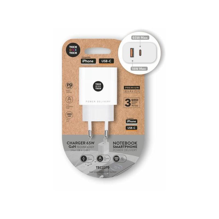 Techonetech Cargador De Pared Pd 65w Con 1 Puerto Usb-C + 1 Puerto Usb-A