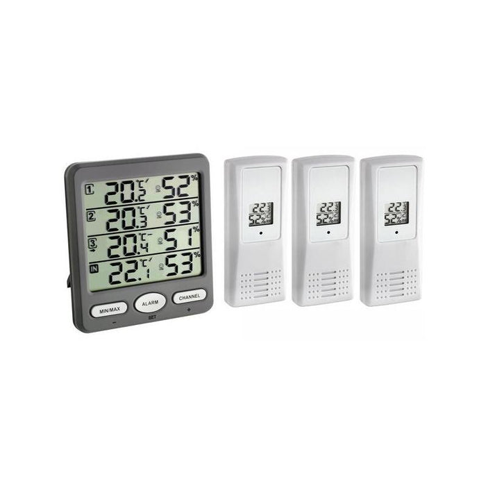 Termohigrómetro Inalámbrico Tfa Climate Monitor Con 3 Transmisores, Termómetro (Negro, 3 Sensores Exteriores Inalámbricos, Ampliable)