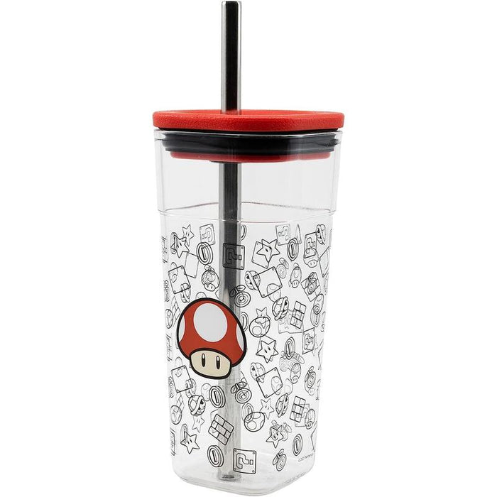 Vaso Cube Alto De Plástico Con Pajita De Acero Inoxidable - 540 Ml De Super Mario