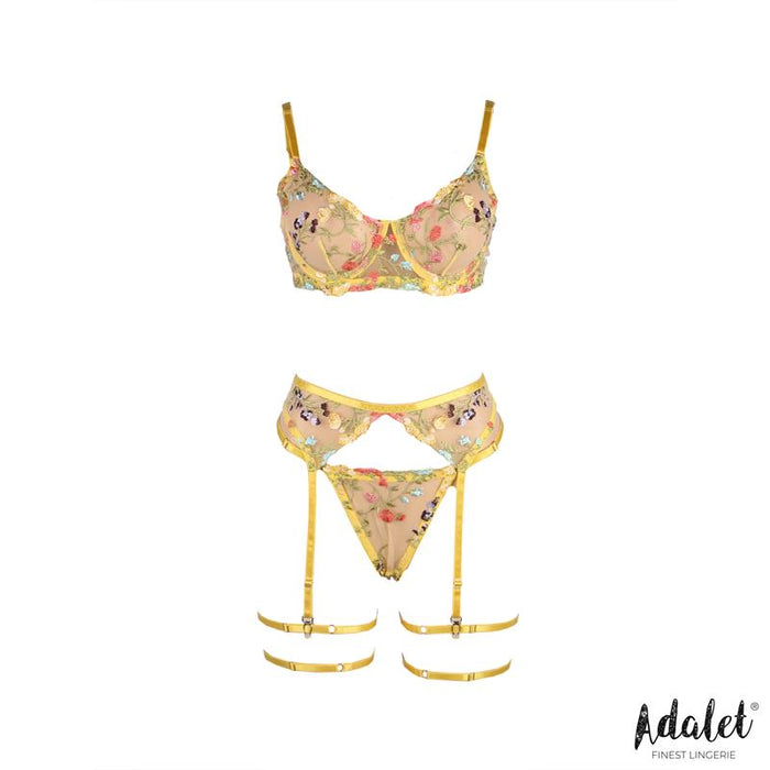 Zoey Set Sujetador, Tanga, Liguero Y Ligas Amarillo Floral Talla (Interno):L/Xl