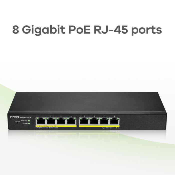 Zyxel Gs1915-8ep 8-Port Gbe Poe+ 60 Watt 802.3at Smart Switch Nebulaflex